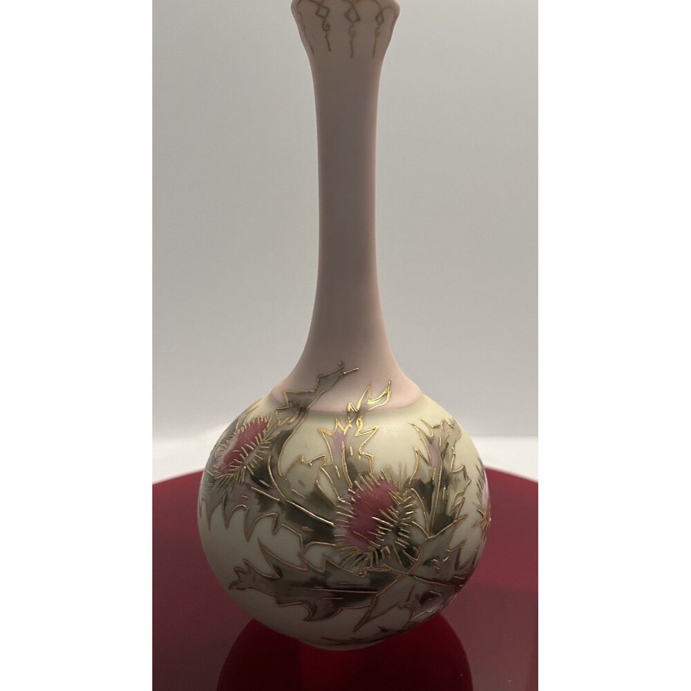 VTG Hand Painted Satin Finish Porcelain  Vase Gold Accented Thistle EUC - Picture 6 of 9